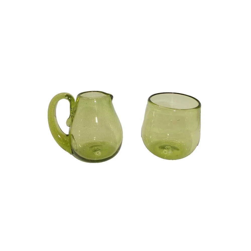 Vtg Green Glass Creamer & Open Sugar Jar Applied Handle Blown Glass Pontil 3 in